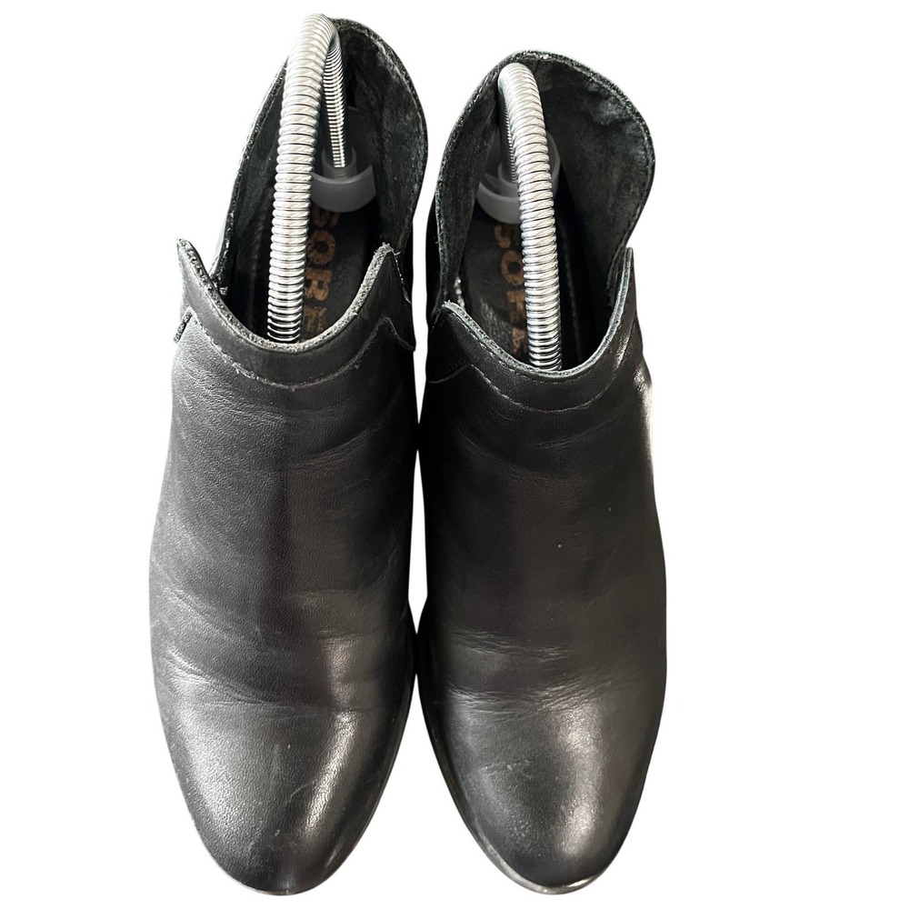 Sorel Lolla Cut-Out Black Leather Ankle Boots Women Stacked Heel Booties SZ 8.5 - Picture 1 of 10